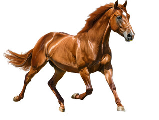 Obraz premium A powerful chestnut horse with a flowing mane and tail runs across a field.