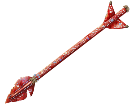 A red arrow with ornate designs and a feathered fletching.
