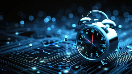 A modern digital alarm clock on a sleek, high-tech background with circuit patterns, representing the integration of technology and time.