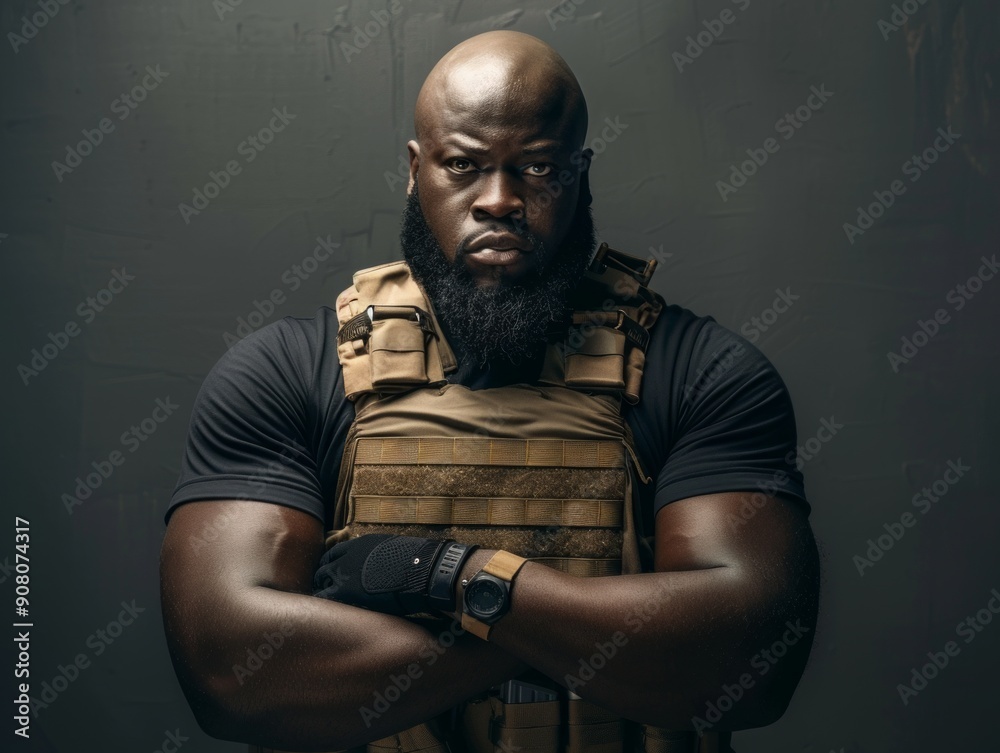 Wall mural medium shot of a huge muscular bald black special forces soldier with a beard in a bulletproof vest 