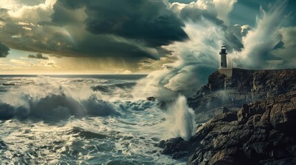 A lighthouse stands against a backdrop of tumultuous waves crashing on rocky cliffs, under an ominous, cloud-filled sky.