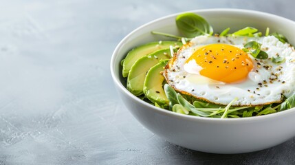 Healthy breakfast bowl with fried egg, avocado, spinach, and sprouts on a gray background.