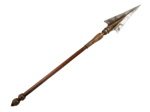 A sharp, metal spearhead attached to a wooden shaft.  The spear is a traditional weapon used for hunting and warfare.