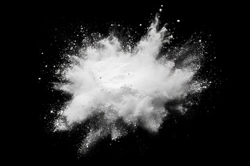 white powder explosion isolated on black background. white dust particles splash. Color Holi Festival. Burst of colors series. Vibrant contrast. Celebration and creativity background texture, ai