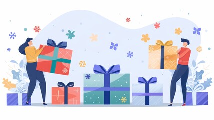 Minimalist flat illustration  partners exchanging gifts with creative mail design