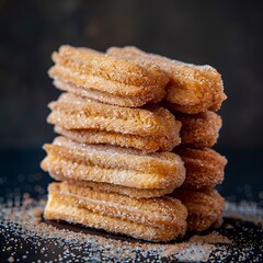 Close-up of a Stack of Deep-Fried Dough Sticks with Sugar, on a Dark Background.