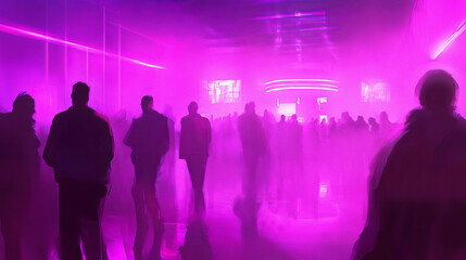 Fototapeta premium Purple Haze of the Nightlife: Silhouettes dance through a haze of purple lights, capturing the energy of a vibrant club scene