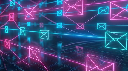 Fototapeta premium A neon depiction of interconnected email users, with pink and blue lines linking silhouettes of email icons across a digital grid, symbolizing a network of communication.