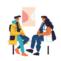 Young man wearing yellow coat, blue pants talking woman prolonged dark hair orange jacket. Both doctors stethoscopes isolated white background, discussing patient health. Modern vector illustration