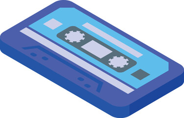 Blue audio cassette tape lying isometrically isolated on white background