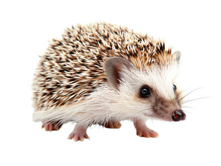 Obraz premium A small, brown and white hedgehog with a curious expression, standing on a white background.