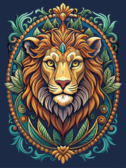 Obraz premium Ornate Lion Head with Jewel and Floral Surroundings