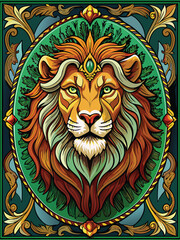 Ornate Illustration of a Lion's Head with a Jewel Crown