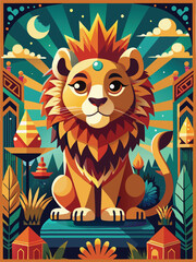 Fototapeta premium Majestic Lion King with Crown and Lush Jungle Background