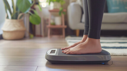 Fototapeta premium A person monitors their weight to reduce diabetes risk, using a digital scale