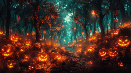 Fototapeta premium Enchanted forest with glowing jack-o'-lanterns and mystical lights creating a magical Halloween night atmosphere