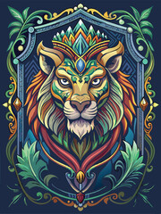 Fototapeta premium Ornate, Crowned Lion Head with Floral Details