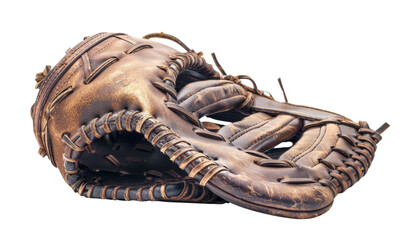 A well-worn brown baseball glove isolated on a black background.