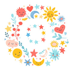 Obraz premium A whimsical circular design featuring suns, moons, stars, clouds, hearts, and leaves in a colorful and playful pattern.