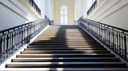 Elegant staircase with intricate railing and natural light creating beautiful shadows, perfect for architecture and interior design.