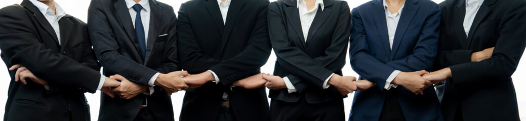 Panoramic banner business team standing in line and join hand together symbolize successful...