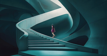 Kreative Treppenarchitektur in Einem Futuristischen Raum Mit Einer Frau in Rosa