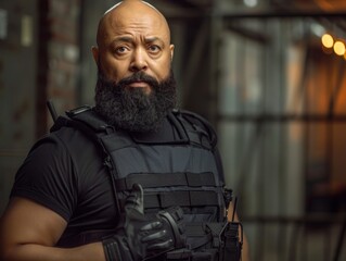 Medium shot of A huge muscular bald black special forces soldier with a beard in a bulletproof vest and black fingerless gloves, themed background 