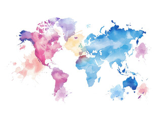 Abstract watercolor world map in shades of blue, pink, and yellow.  Perfect for travel, global, or environmental themes.