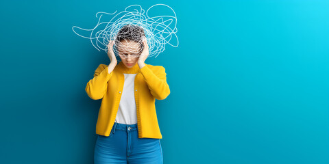 A woman with a tangled mass of lines obscuring her face, mental confusion.