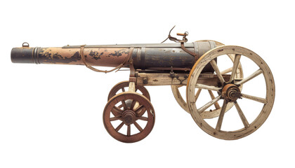 Fototapeta premium An old, wooden-wheeled cannon with metal barrel, isolated on black background.