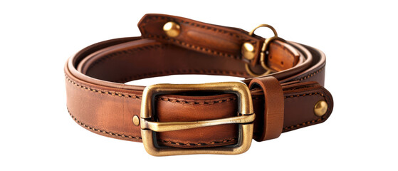 Brown leather belt with brass buckle.