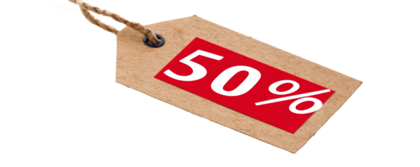 Brown tag with red 50% off label.