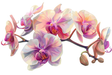 Close-up of delicate pink and white orchids with vibrant purple centers, isolated on a black background.