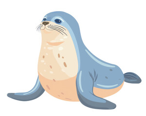 Fototapeta premium Cute cartoon seal with blue fur and big eyes, sitting on a white background. Perfect for kids' books or illustrations.