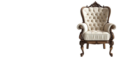 Elegant, tufted armchair with ornate carvings.