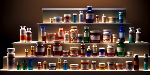  A multi-tiered podium displaying a variety of medicines and vitamin bottles, arranged neatly in an organized fashion.