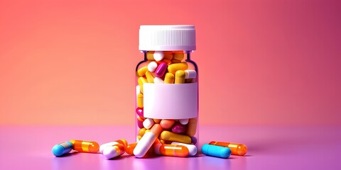 
A mockup of a medication bottle filled with colorful pills, isolated against a gradient background with healthcare supplies.