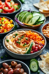Hummus Dip with Fresh Vegetables and Pita Bread.