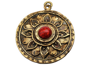 Ornate gold pendant with a red gemstone in the center, surrounded by intricate floral patterns.