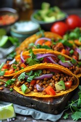 Close-up of Lentil Tacos with Red Onion, Tomato and Avocado.