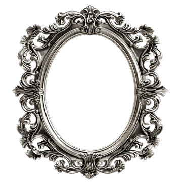 Ornate silver oval frame with intricate scrollwork, isolated on black background. Perfect for adding a touch of elegance to your design.