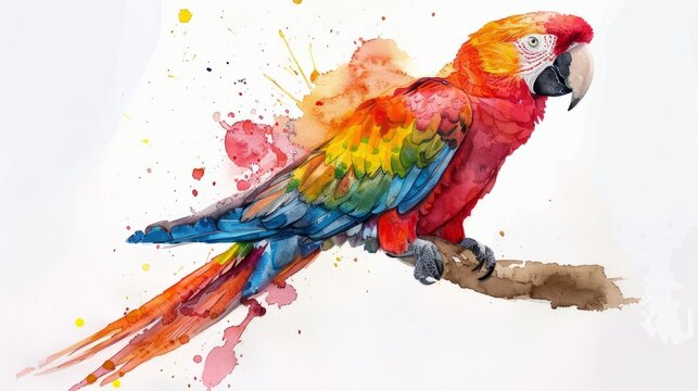 Vibrant arara bird perched on branch in stunning watercolor art
