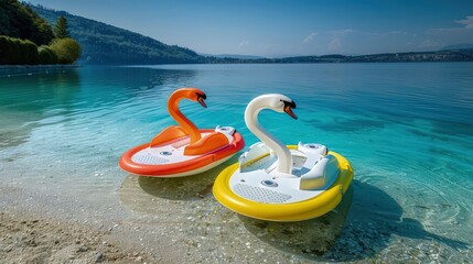 Obraz premium A pair of colorful pedal boats shaped like swans on the shore of a clear blue lake with a sandy beach. The boats should appear ready for a fun family day out on the water.