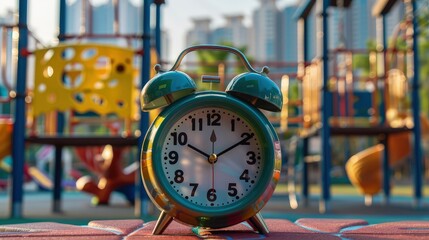 A playful kid's alarm clock shaped like a cartoon animal on a whimsical background of a children's playground, representing the joyful, carefree passage of time in childhood.