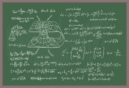 A chalkboard filled with complex physics equations, diagrams of black holes, wormholes, and white holes, representing advanced concepts in theoretical physics.