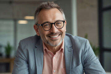 Portrait of happy Middle-aged guy with trendy eyeglasses in modern office