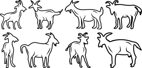  Set of Hand Drawn Goat Icons, Farm Animal Vector Illustrations, Goat Line Art Collection