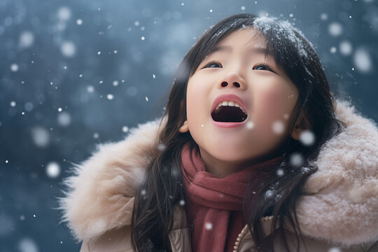 The young asian girl stands at the snowy park under snowfall with open mouth with her head tilted back, trying to catch snowflakes. Cute winter photography.
