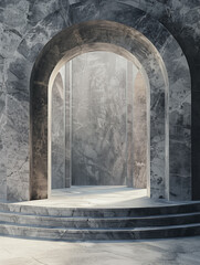 Marble stairs under the grey marble arch. Grey stone wall background. For displaying modern products