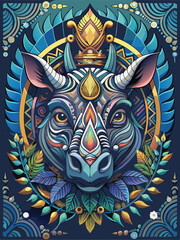Abstract Colorful Rhino Portrait with Crown and Floral Elements